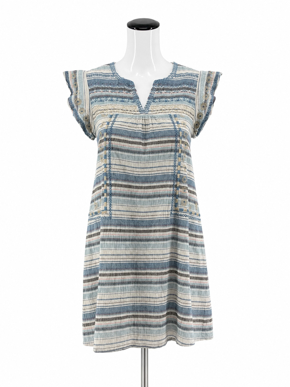 THML Striped Embroidered Boho Tunic Dress Blue White Cotton XS